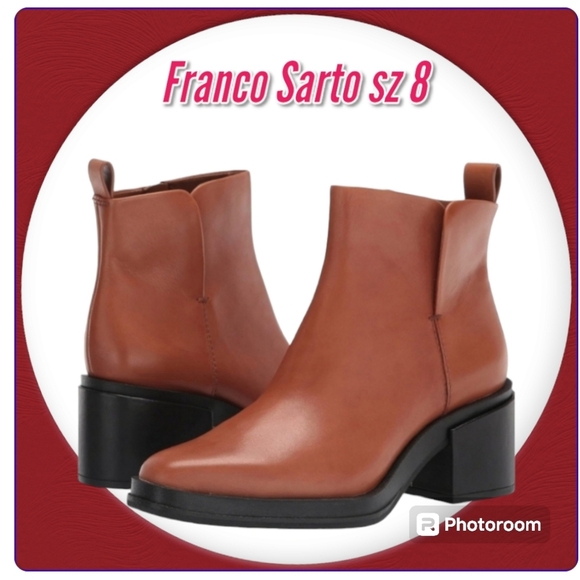 FRANCO SARTO Brown Leather Ankle Boots leather Block Heel Booties Sz 8 - Picture 1 of 14